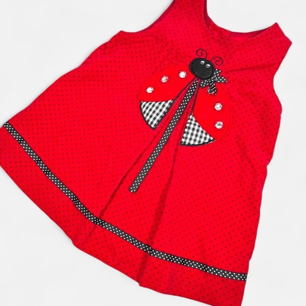 Vintage 90s Lady Bug Dress, Red Corduroy, Size 18m